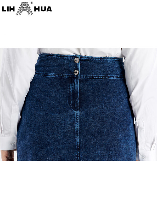 LIH HUA Falda de mezclilla de talla grande para mujer Falda de algodón elástica Slim Fit Falda de punto de moda informal