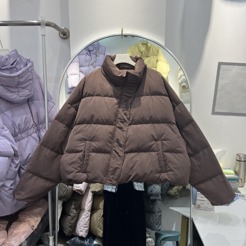 2023 damskie kurtki krótka w dole koreański styl jednolity kolor stójka prosta puszysta luźna termiczna wiatroszczelna odzież biurowa damska