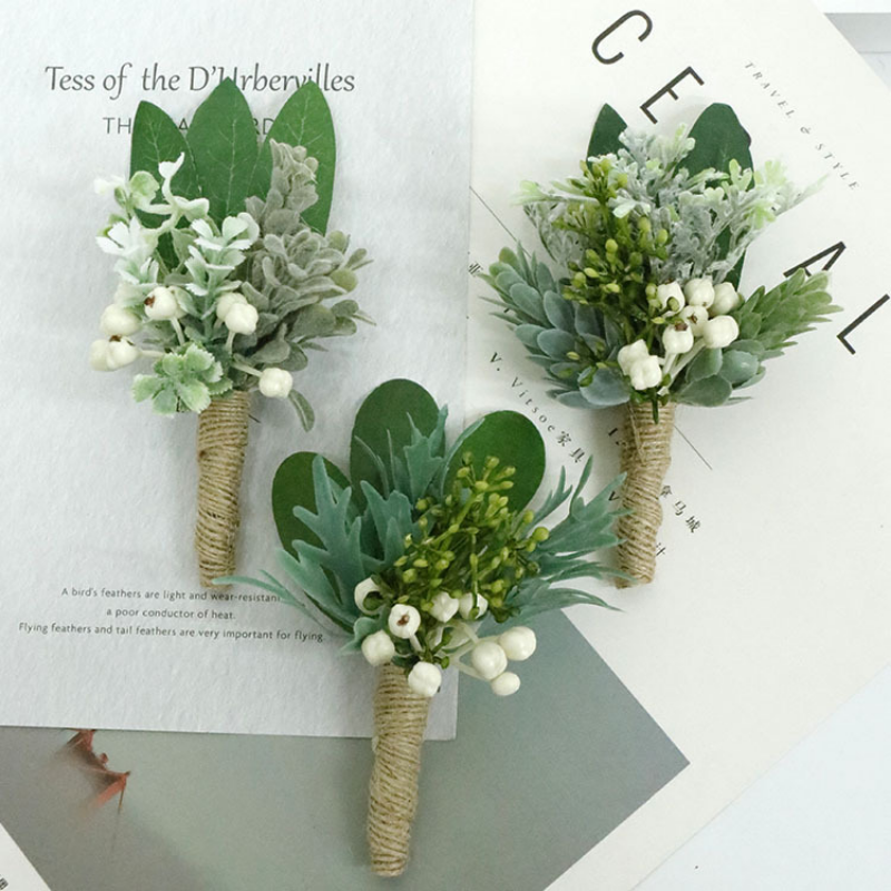 Broche de flores artificiales verdes para hombre, ramillete de muñeca para boda, accesorios de boda para dama de honor