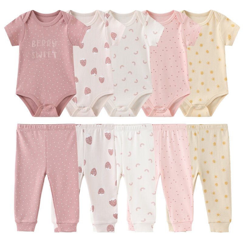 2023 Unisex 6/9/10Pieces Cotton Bodysuits+Pants Newborn Baby Girl Clothes Print Baby Boy Clothes Sets Short Sleeve Bebes
