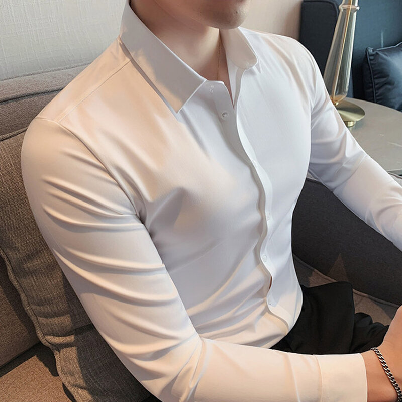 New Elastic Oxford Spinning Men's Long Sleeved Shirt Korean Edition Men's Business And Occupational Work Clothes Work Top Shirt