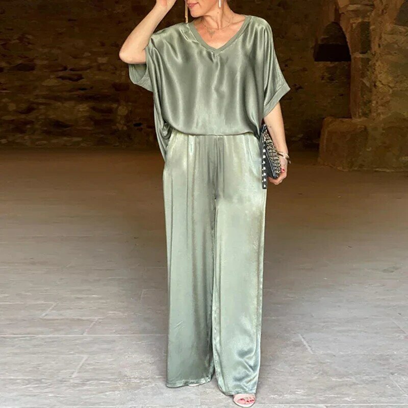 Plain V Neck Top Pullover and Wide-leg Pants Outfit Sets for Women Spring Loose Satin Suit Summer Short Sleeve T-shirt Two Piece