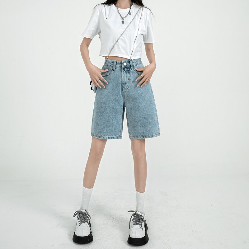 Celana pendek Denim Retro wanita, Bawahan lima poin pinggang tinggi longgar lurus A-line gaya Korea musim panas 2023