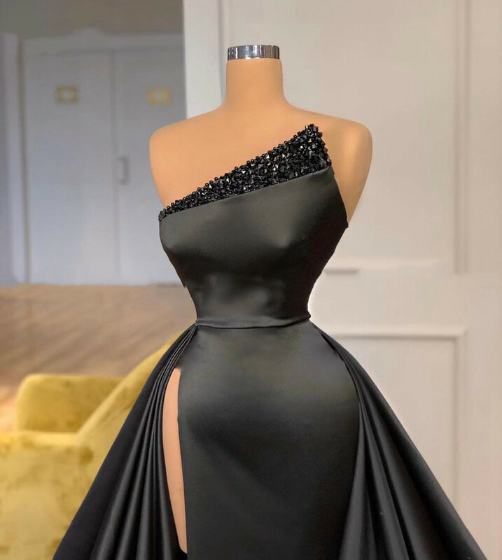 Женское длинное вечернее платье Vinca Sunny, черное атласное платье с разрезом сбоку, украшенное бусинами, для торжественных мероприятий и выпускного вечера