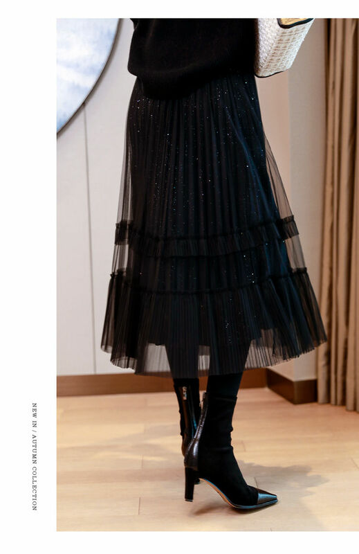 Media falda de malla con lentejuelas para mujer, de línea a Falda plisada de cintura alta, longitud media coreana, primavera y otoño, nueva