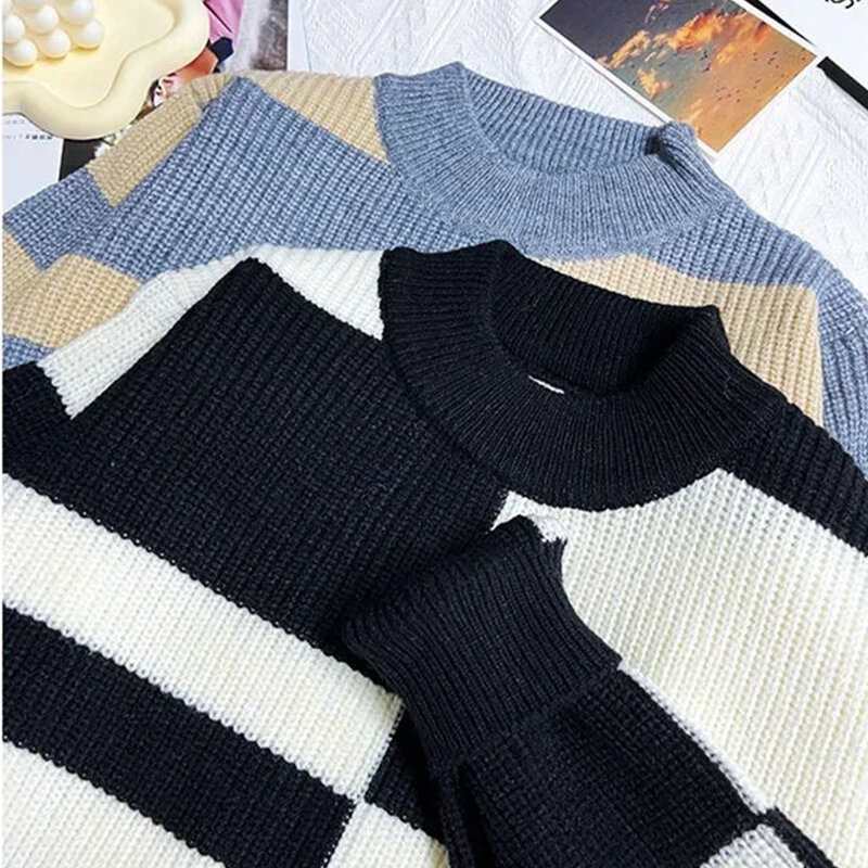 Neuer verdickter Winter-Rundhals pullover mit kontrast farbenem Strick pullover, lockerer, lässiger Wärme für Männer mit hohem Hals