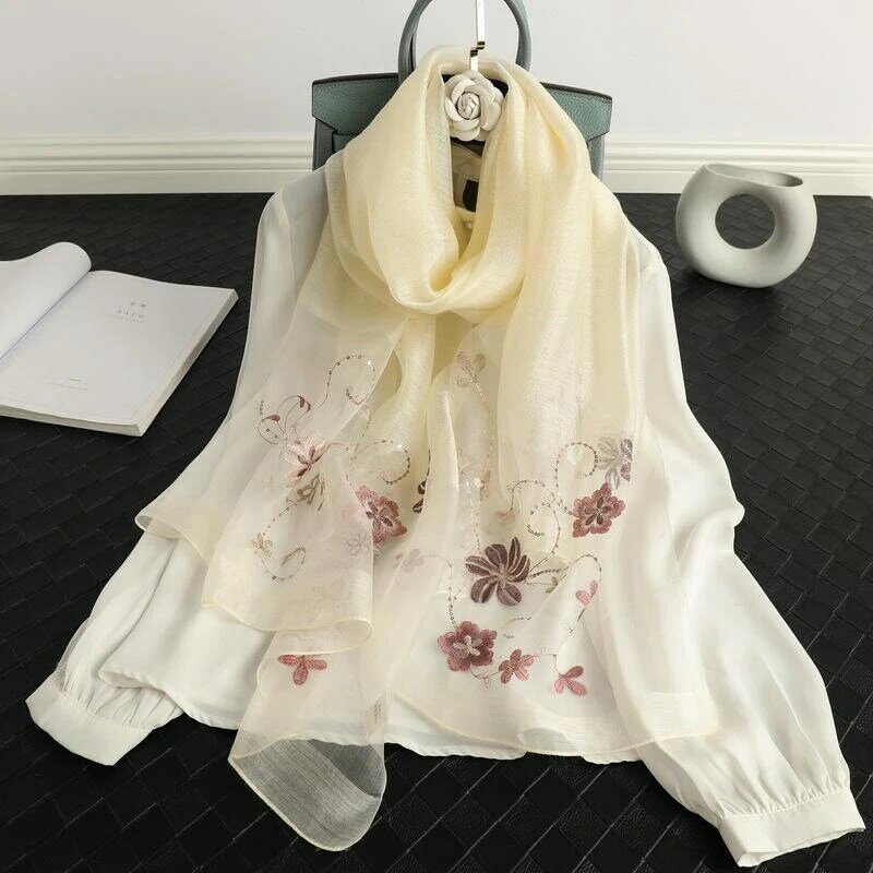 Lenço de seda feminino primavera e outono moda versátil fina amoreira lenço de seda bordado cheongsam xale
