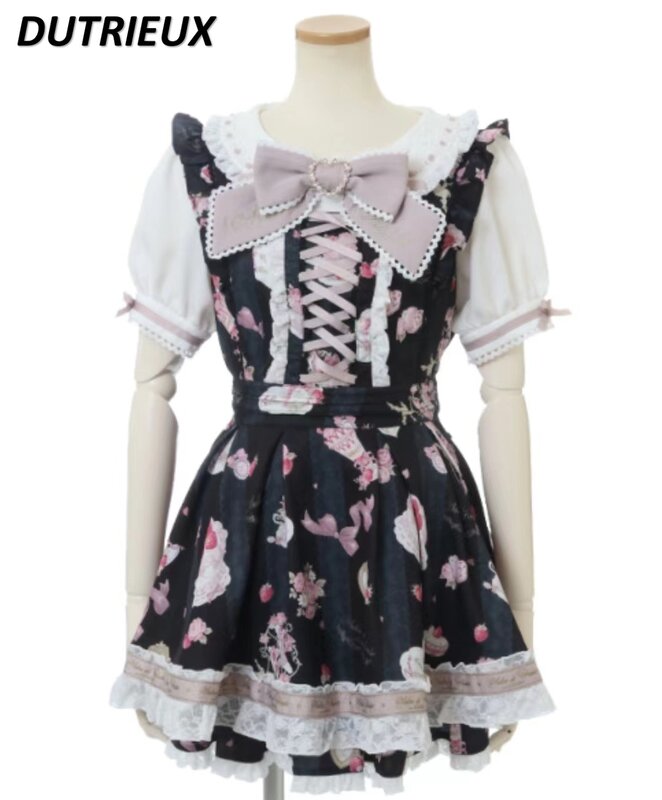 Женское платье лолиты в японском стиле, новое милое летнее милое платье миди с коротким рукавом и принтом клубники и шорты, комплекты одежды 2024