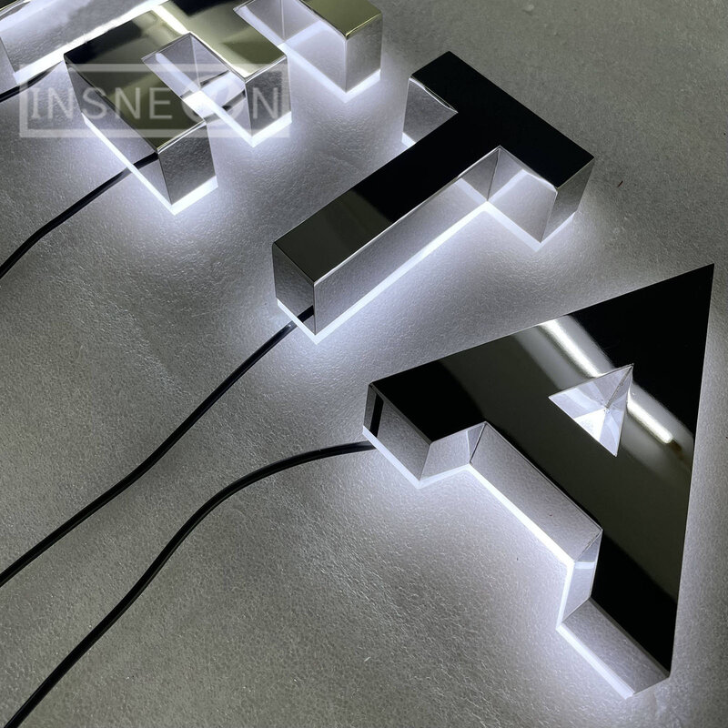 Benutzer definierte Edelstahl leuchtenden Charakter Spiegel poliert hinter leuchtete Kanal Buchstaben Außen werbetafel Firma LED-Zeichen