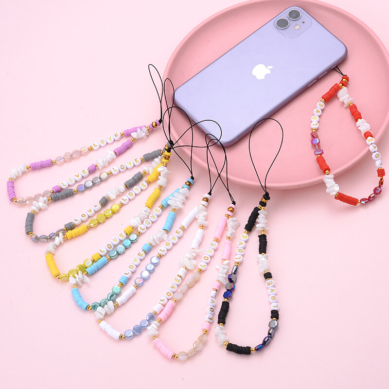 Cadenas acrílicas para teléfono móvil para mujer, 1 piezas, cuentas de arcilla personalizadas, antipérdida, cordón, accesorios de joyería