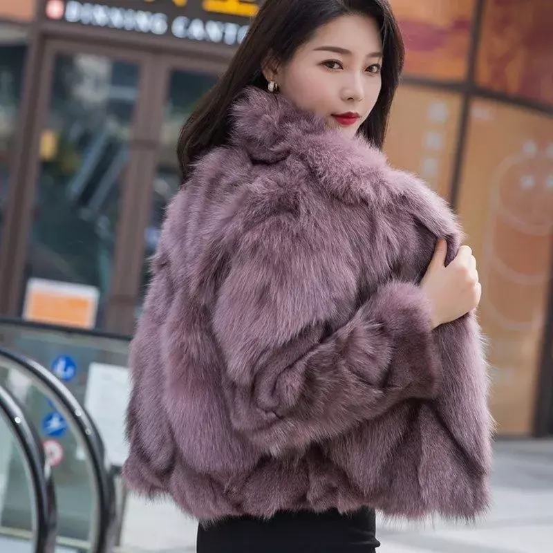 Casaco de pele raposa para mulheres, top curto solto, versão coreana, gola quadrada, gola quadrada, outono e inverno, novo