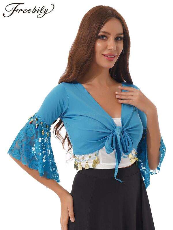 Women Indian Belly Dance Costume Lace Patchwork Flare Sleeve Bead Tassel Lace-Up Shawl Cardigan Crop Tops Bellydance Shawls Wrap