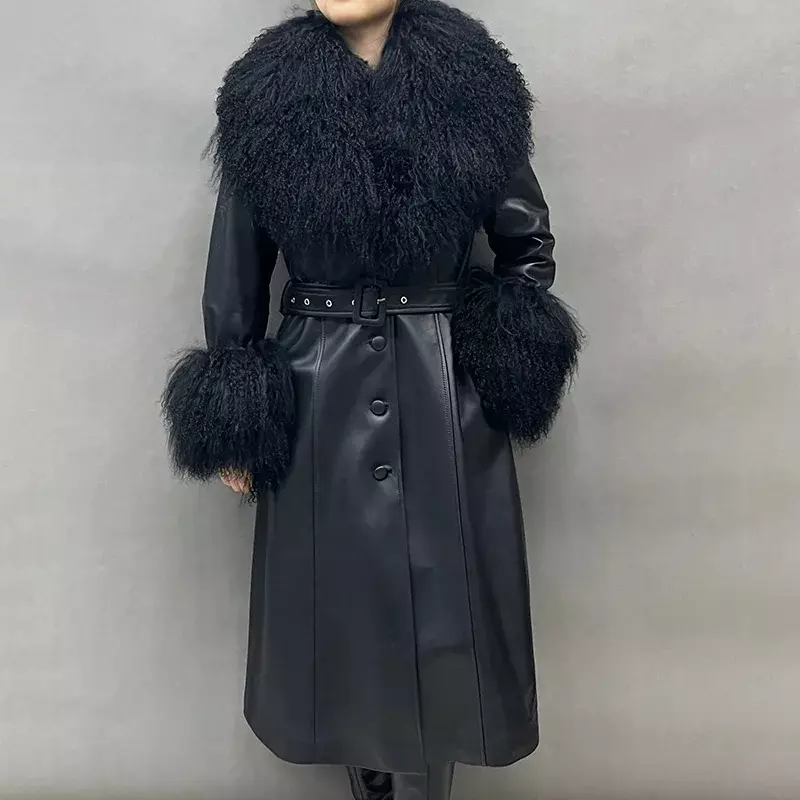 Lady Luxury Leather Trench Coat Women Fashion Genuine Leather Mongolian Sheep Fur Long Belt Clothing FG6406