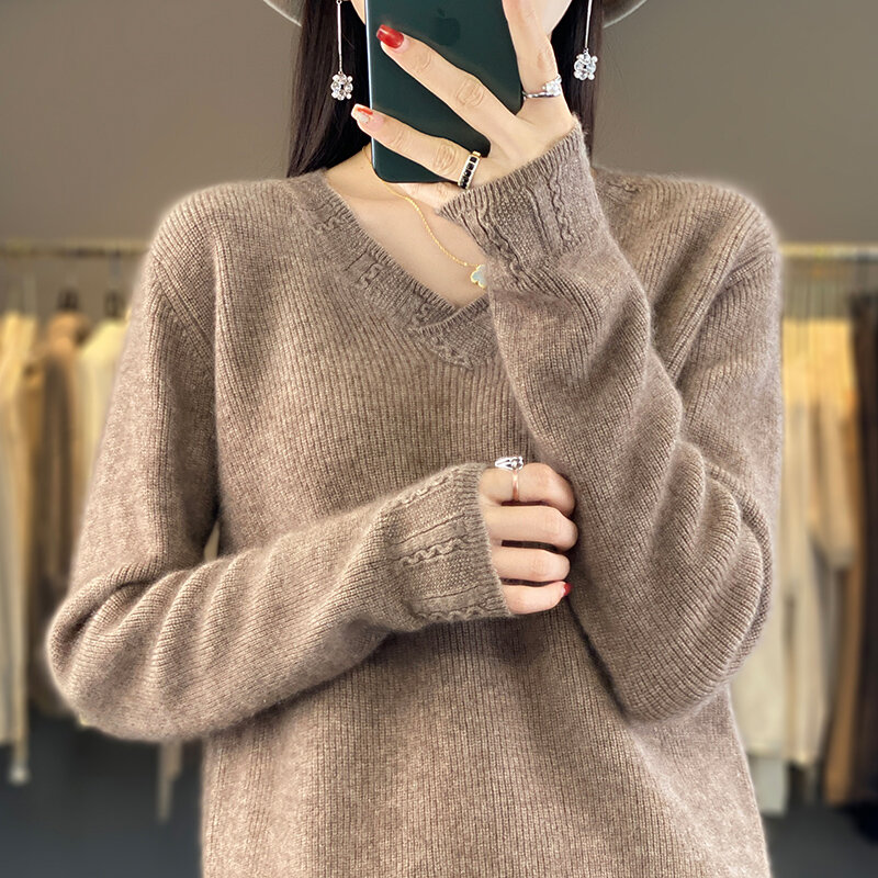 여성 V넥 100 울 니트 보터밍 셔츠, 루즈핏 캐주얼 조커, 통근용 풀오버 스웨터, 단색, 가을 신상