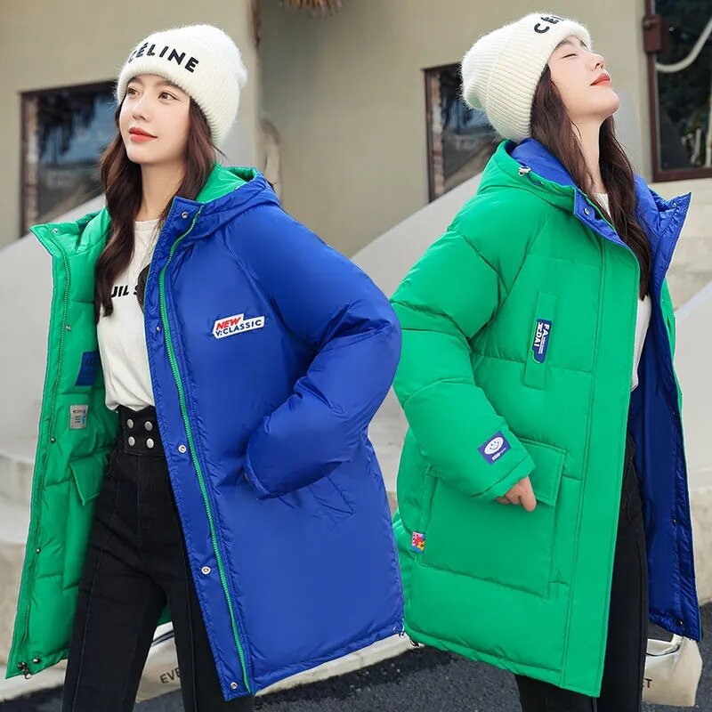 Женская двусторонняя куртка на хлопковом наполнителе, теплая Толстая хлопковая куртка, Корейская свободная парка с капюшоном, женская верхняя одежда, зимнее пальто, зима 2023