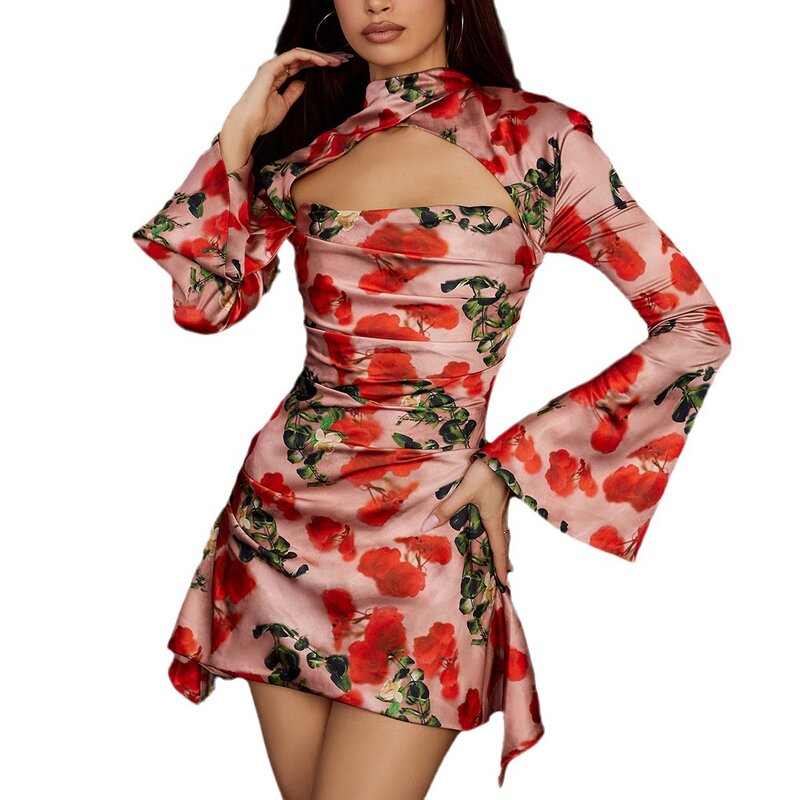 Fashion Women Printed Party Dress New Sexy Flare Long Sleeve Birtyday Gown Hollow Out Asymmetric Bodycon Lady Short Prom Dresses