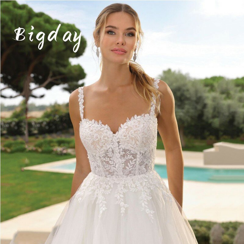 Gaun pengantin A-Line elegan gaun pengantin bertali Spaghetti putih renda punggung terbuka gaun pengantin gaun panjang A-Line Sweep Vestidos De Novia
