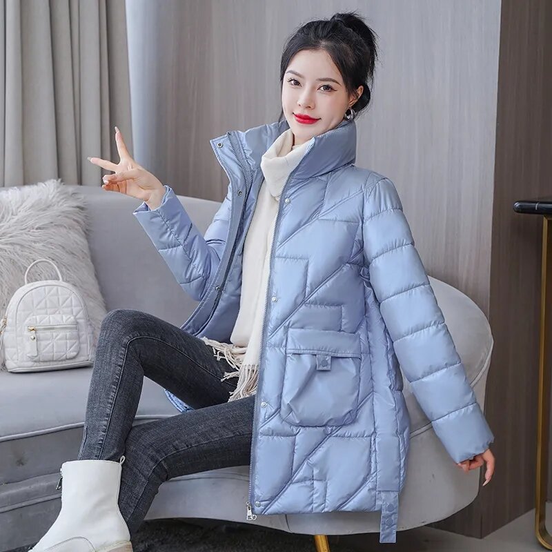 Parka solta feminina com gola alta e bolsos grandes, casaco brilhante para inverno, jaqueta casual de algodão, casaco longo médio
