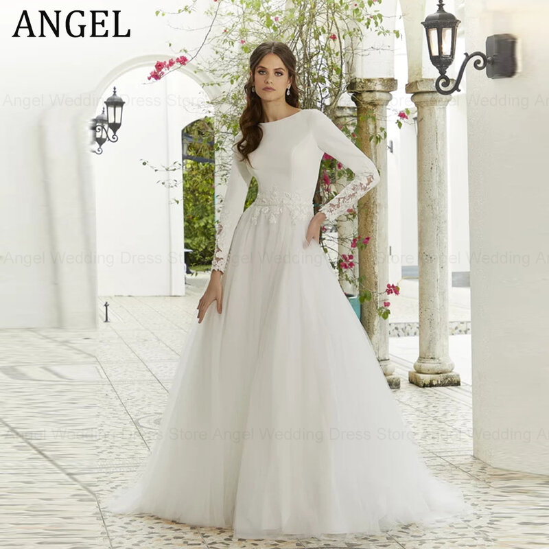 Vestidos de novia formales de Ángel para mujer, línea A, cremallera trasera, Apliques de encaje, cuello redondo, tul clásico
