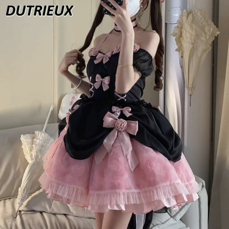 Lolita-Vestido corto con hombros descubiertos para mujer, vestido Y2k de Color rosa y rosa, estilo princesa dulce, ajustado a la cintura, espina de pescado