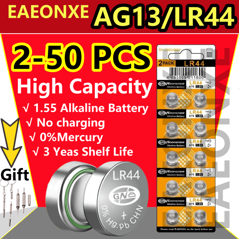 Bateria Alcalina de Alta Capacidade para Calculadora, Bateria Celular Moeda Botão, AG13, LR44, L1154F, SR44, A76, 1.5V, 2-50Pcs