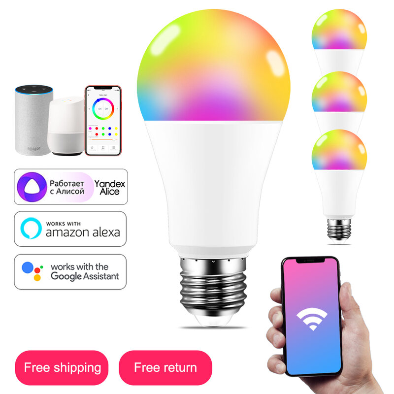Lámpara de neón con luz LED inteligente, Bombilla RGBW con WiFi, funciona con Alexa, Alice, Google Home, E27, E14, B22, Foco de cambio de Color regulable, bayoneta
