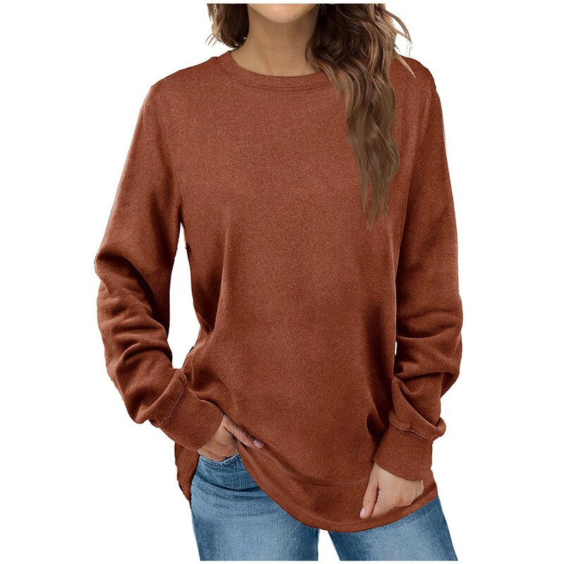 Sweter damski luźny swobodny długi rękaw z okrągłym dekoltem w jednolitym kolorze wiosenne i jesienne koszulki damskie prostota bluzy