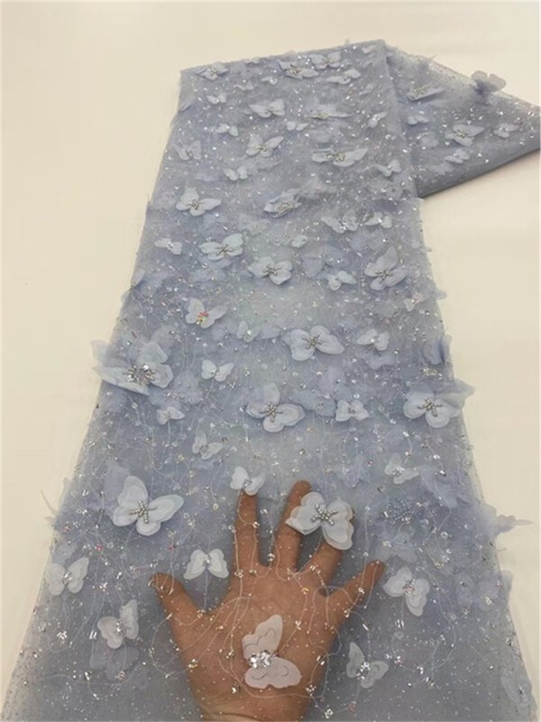 PGC-Tissu de dentelle de tulle de maille de fleur 3D française avec des perles, appliques de paillettes africaines, tissu de NigWin pour la fête de mariage, 5 Yards