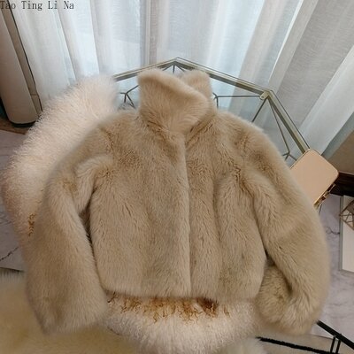 Tao Ting Li Na-abrigo de piel sintética para mujer, abrigo corto suelto y grueso con solapa pequeña de albaricoque, para invierno, S16