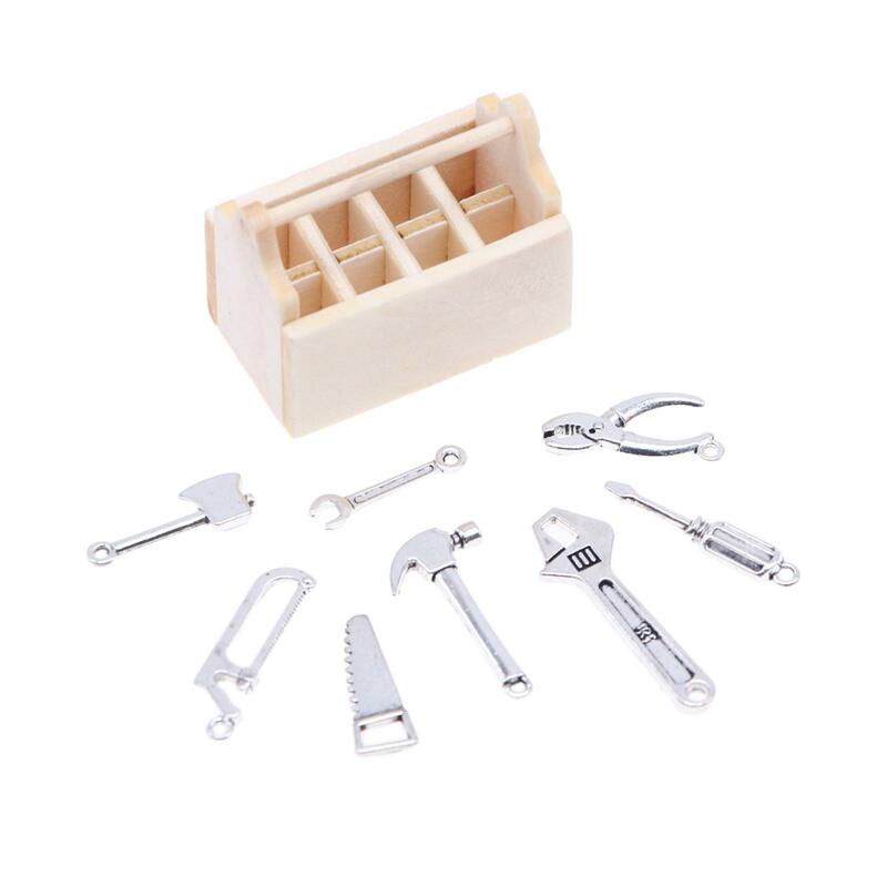 Doll House Toolbox Toys Micro Landscape with 8Pcs Metal Tools Miniature Tool Box for Garage Bedroom Garden Warehouse Supplies
