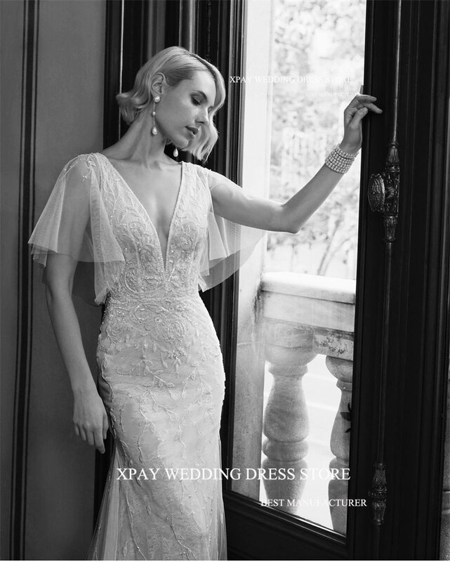 XPAY-Elegante Sereia Vestidos De Noiva, V Neck Cap mangas, Laço Floral Tule Vestidos De Noiva, Requintado País Noiva