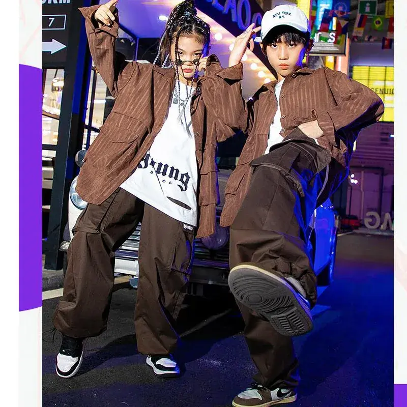 Kinderen Cool Streetwear Hiphop Kleding Oversized Bruin Jasje Tops Joggingbroek Voor Meid Boy Jazz Dance Kostuum Kpop Kleding