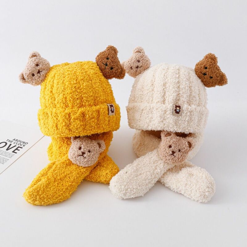 ชุดผ้าพันคอหมวกกันหนาวลายการ์ตูนหมีใหม่สำหรับเด็กทารกหมวกถักให้ความอบอุ่น