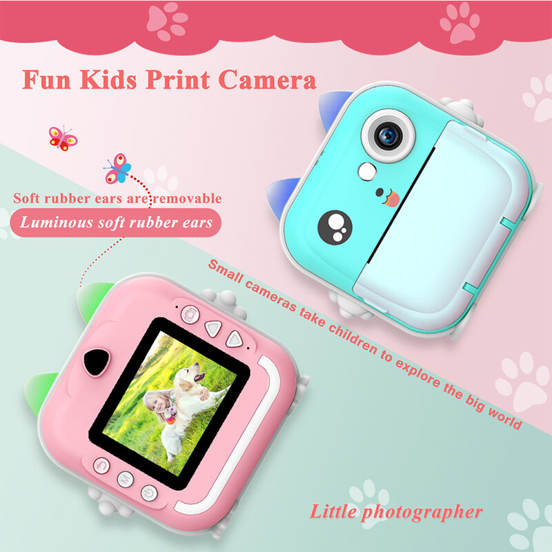 Kamera anak-anak, kamera cetak instan foto Mini Digital untuk anak-anak dengan kertas cetak tinta nol 32G kartu TF hadiah mainan pendidikan
