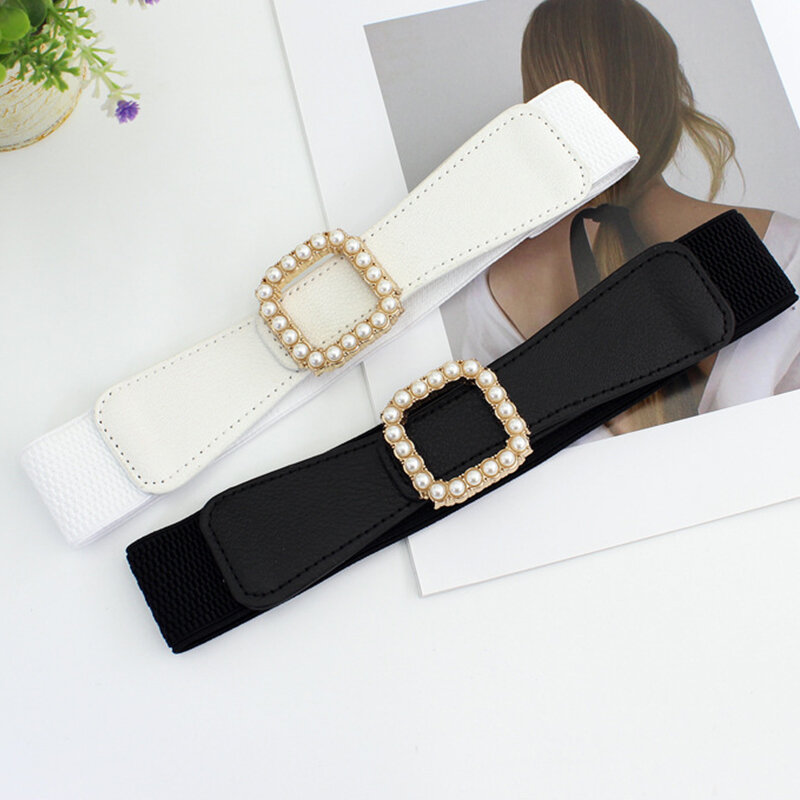 Cinturón elástico con incrustaciones de perlas cuadradas clásicas para mujer, moda femenina, hebilla lisa, camisa de vestido, faja elástica de decoración versátil