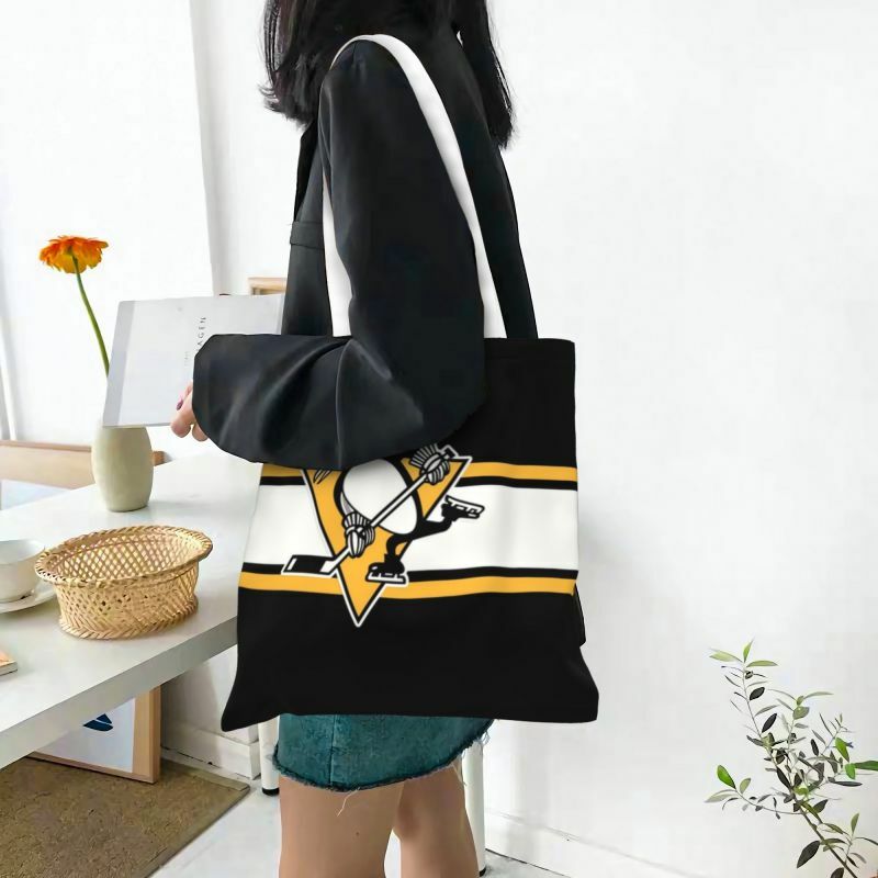 Многоразовая холщовая женская сумка-тоут для хоккея и пингвинов, Спортивная прочная сумка для покупок для продуктовых соревнований