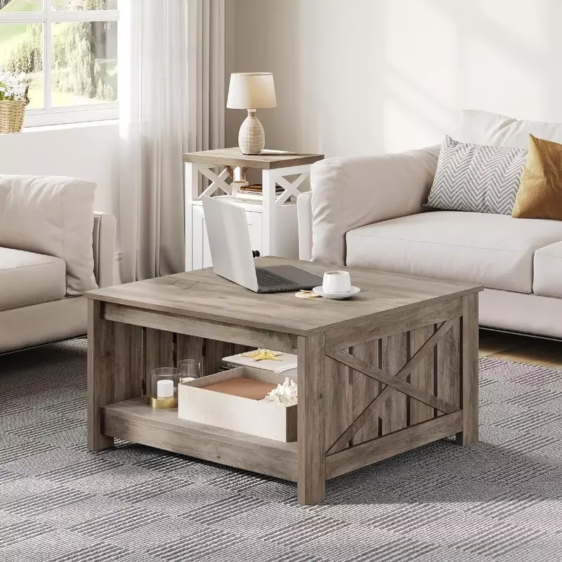 Coffee Table with Storage for Living Room Farmhouse Wood Coffee Table,Rustic Square Coffee Table Living Meeting Room,Rustic Grey