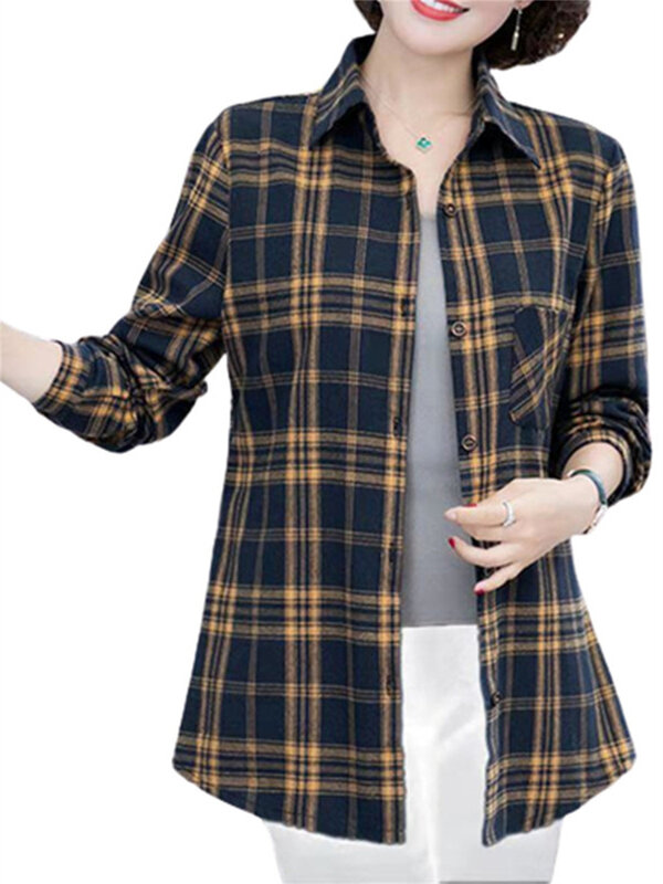 5XL Large Size Women Spring Summer Blouses Shirts Lady Fashion Casual Long Sleeves Turn-down Plaid Stripes Blusas Tops WY0362