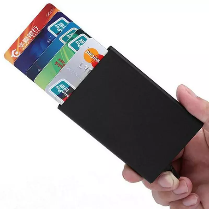 Tempat kartu kredit ID Anti Maling Pria Wanita, dompet logam Aluminium tipis Porte Carte, wadah kartu kredit, tempat Bank