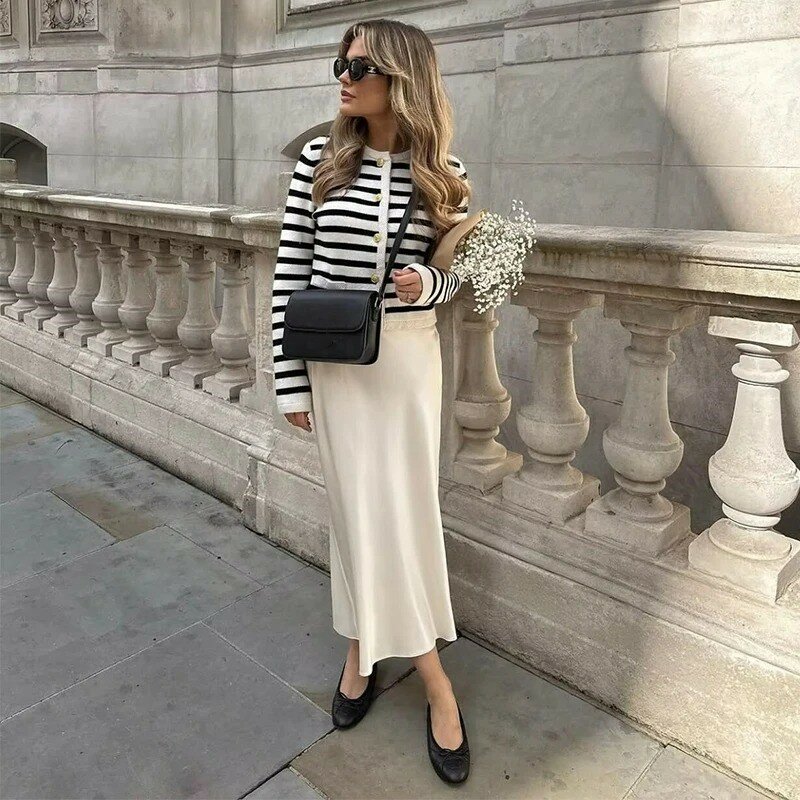 Faldas Midi de satén para Mujer, Falda larga de cintura alta, Vintage, elegante, Color sólido, para fiesta, primavera y verano, 2024
