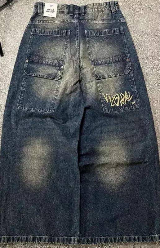 Celana panjang Denim bordir huruf Hip-Hop pria, celana panjang Jeans lurus sederhana pinggang tinggi jalanan longgar klasik Y2K