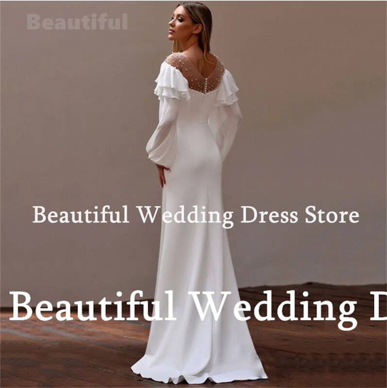 Piękna sukienka przezroczysta suknia ślubna z okrągłym dekoltem z koralikami syrenka z szyfonu z długim rękawem suknia ślubna do podłogi suknia ślubna suknia