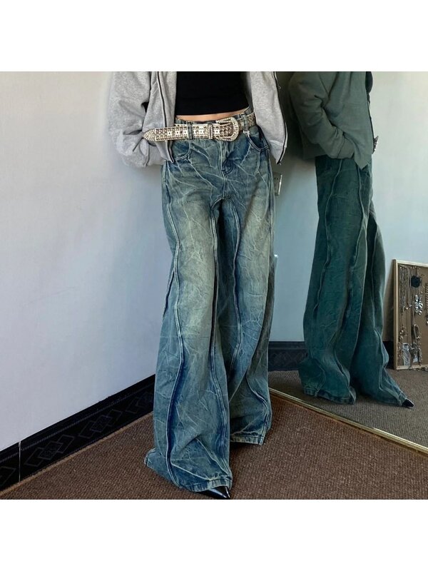 Calças retas largas largas, vintage americano, tamanho grande, design de lavagem, costura a arco, cintura alta, rua Y2K, novo