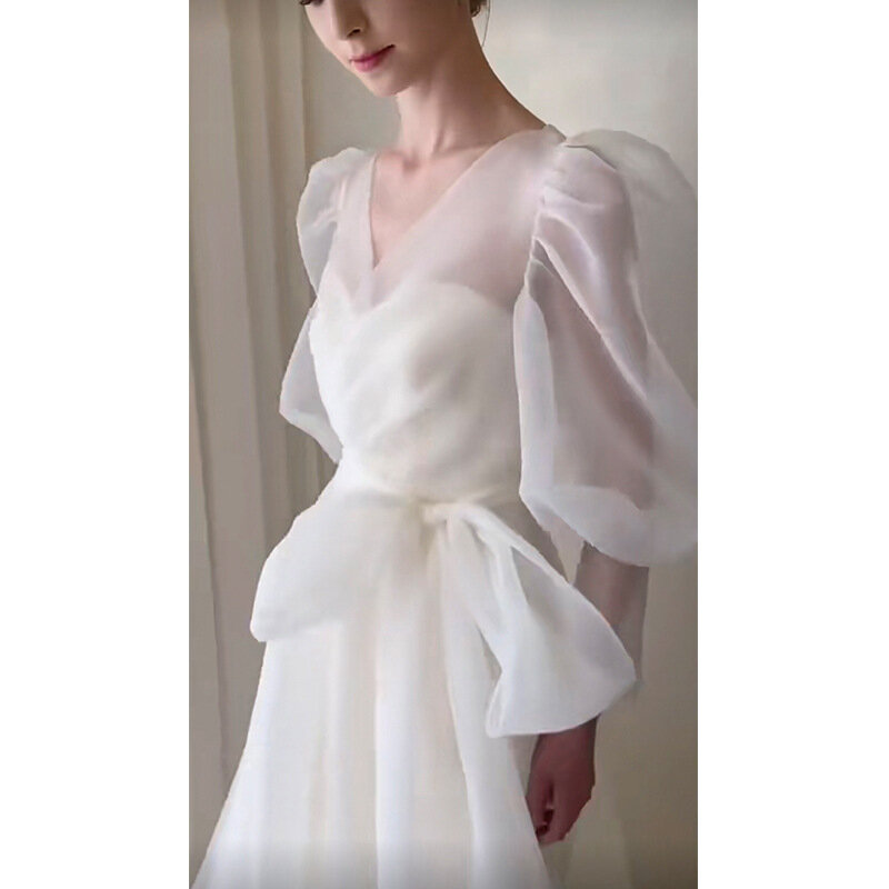 Korea Style 2024 Puff Sleeve Wedding Dress Ankle-Length Zipper Lace A-line Party Dresses Real Photo vestidos de novia