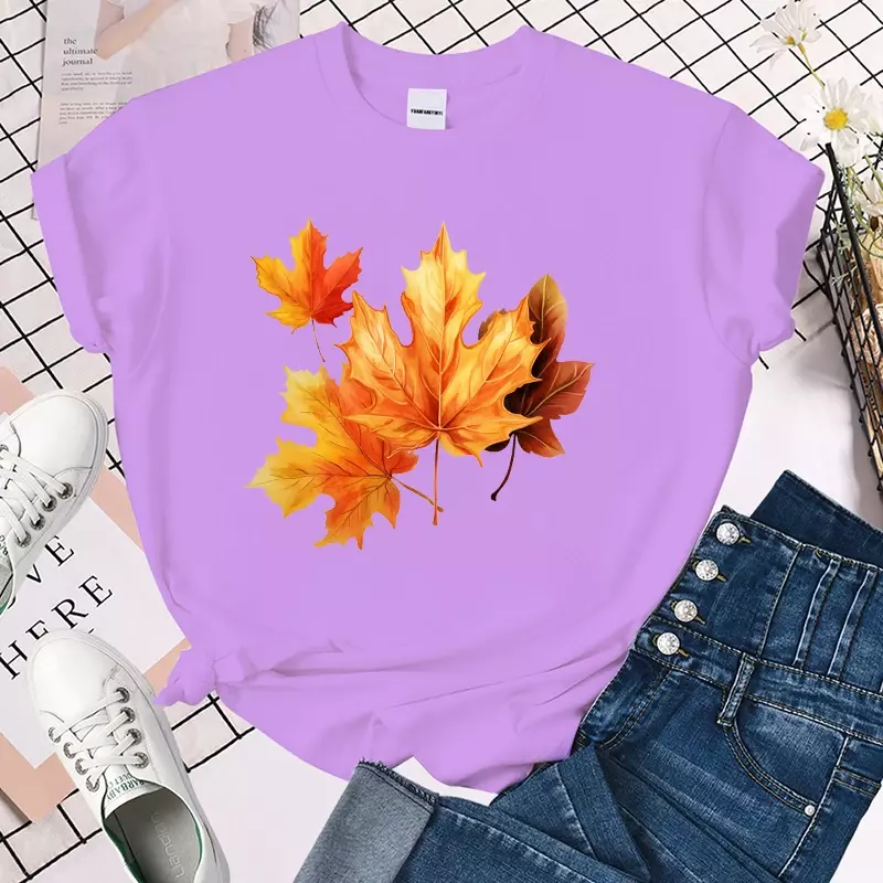 Повседневная футболка, Осенние футболки с принтом кленовых листьев для женщин, летняя мягкая женская одежда с круглым вырезом и коротким рукавом, уличная одежда