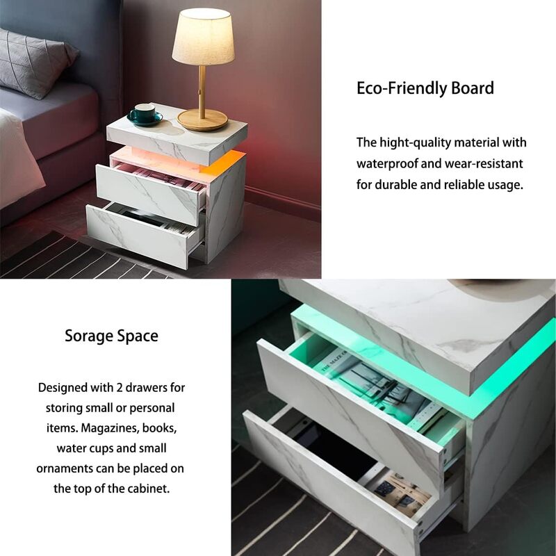 Comodino con 2 cassetti comodino a LED mobile in legno con luci a LED per camera da letto, tavolino laterale per soggiorno