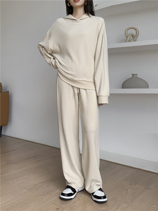 Женский вязаный пуловер из двух предметов, домашний костюм с широкими штанинами, Модный повседневный спортивный свитер, одежда для сна с капюшоном на осень и зиму