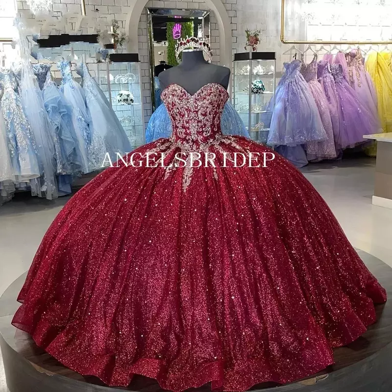 Burgundy Shiny Princess Quinceanera Dresses With Cape Glitter Applique Ball Gown Beading Party Sweet 16 Dress Lace-Up Back