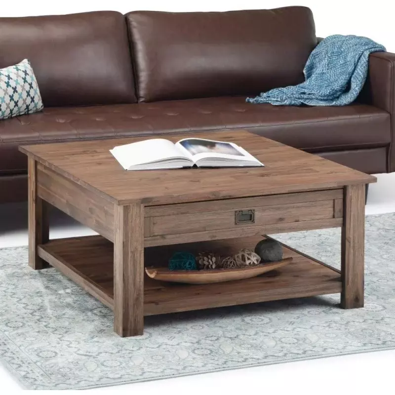 SIMPLIHOME Monroe solidny drewno akacjowe kwadratowy rustykalny stolik kawowy o szerokości 38 cali w rustykalnym, naturalnym kolorze brązowym, do salonu