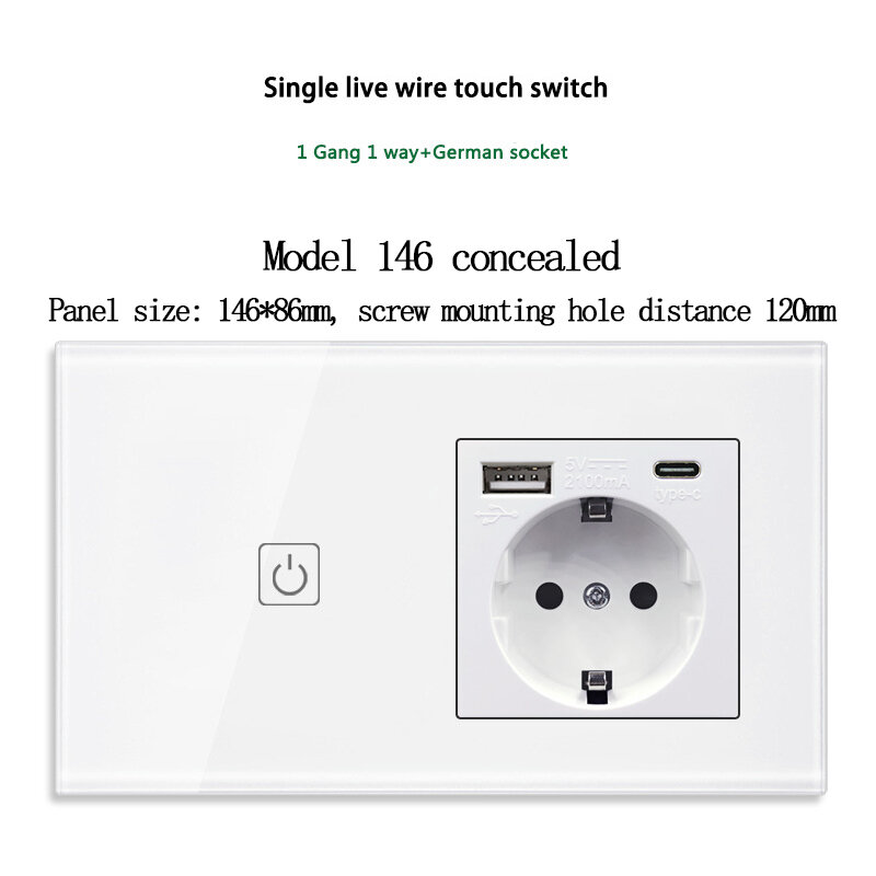 Typ 146 Touch 1/2/3 Gang Switch Deutsch Standard Italienisch Dual USB und Typ C Steckdose Netzteil Euro Gauge mit Schalter